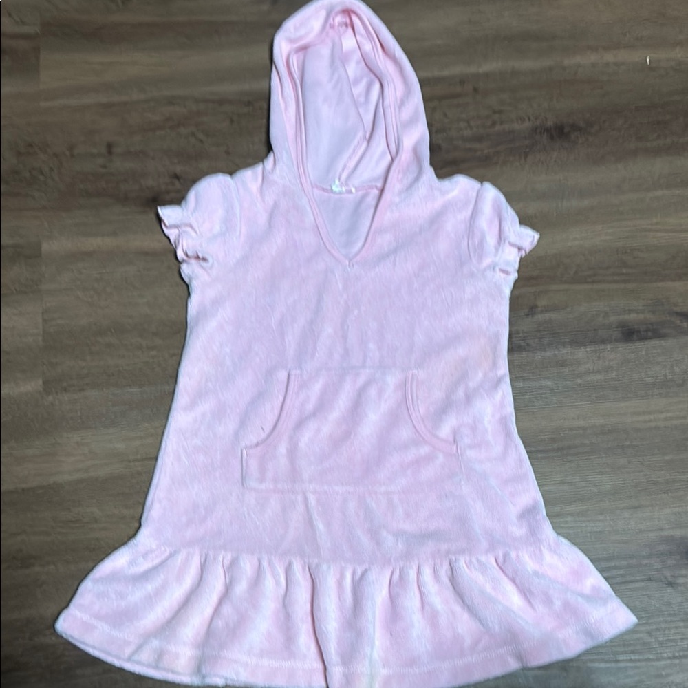 Kids Pink Hooded Swim Cover Up with Ruffle Hem